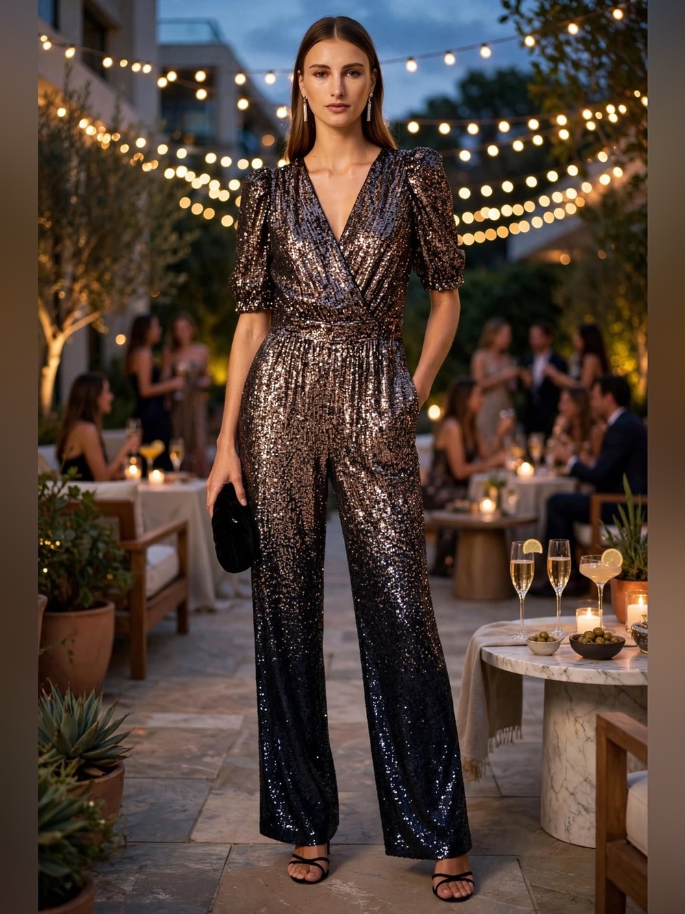 Trina Turk Asandra Jumpsuit Sequin V-Neck in bronze and blue Sz 6.